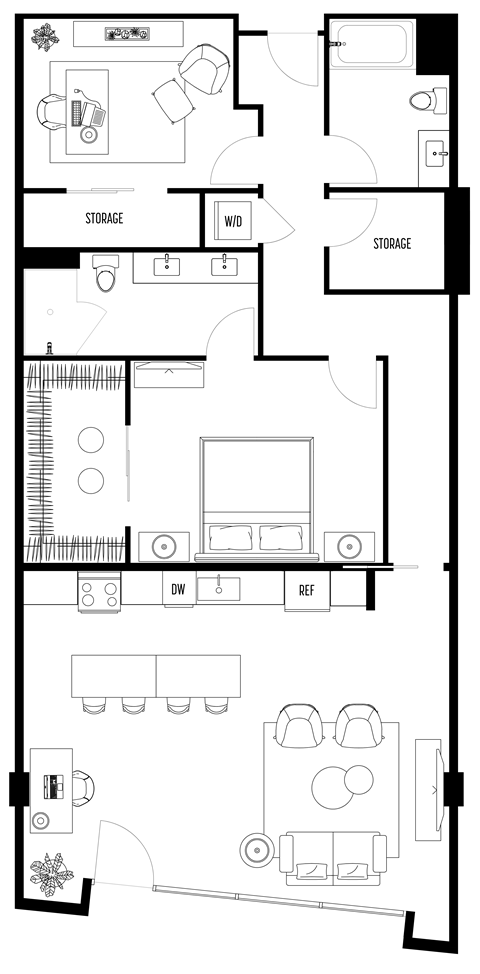 A black and white image of a house floor plan with labeled rooms.